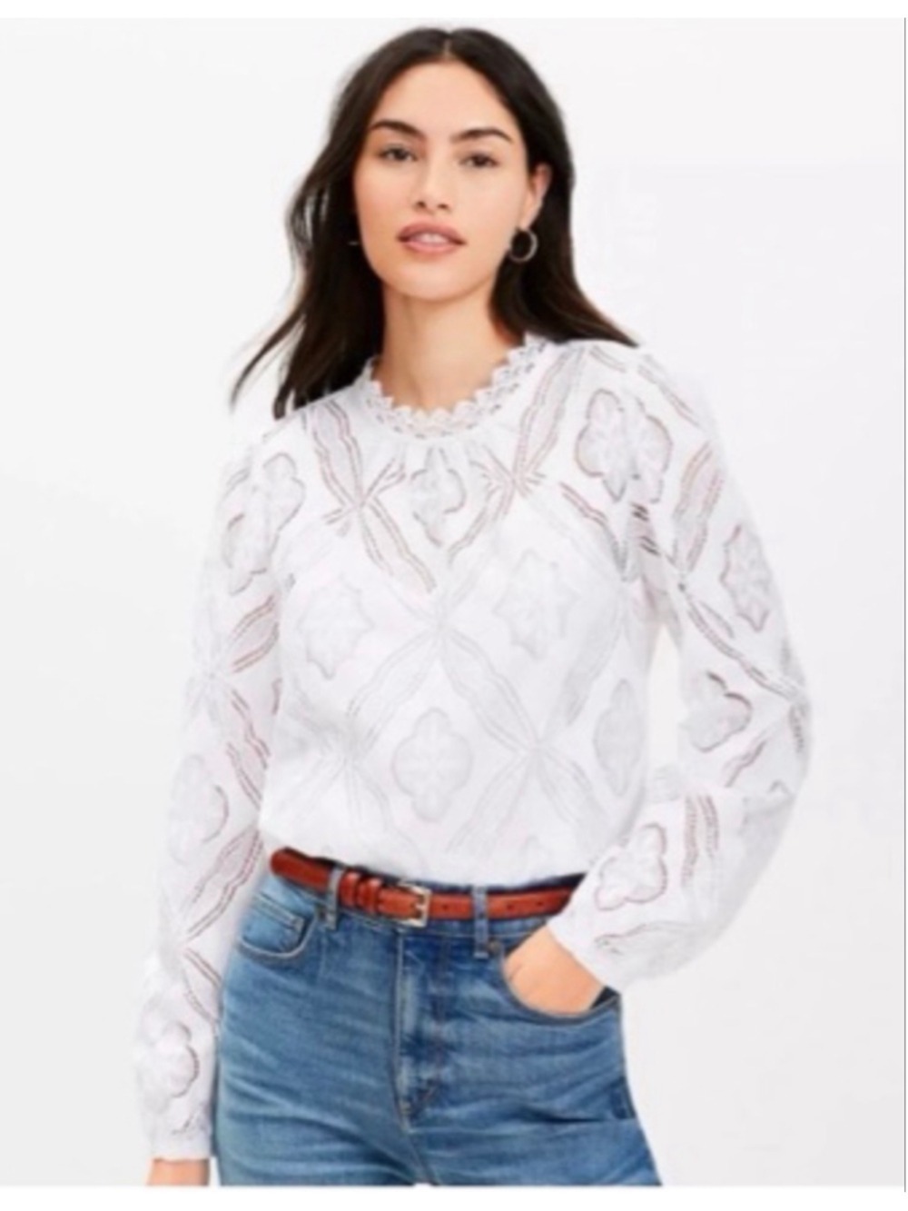 NEW LOFT Lace Floral Embroidered Regency Overlay Blouse size Lg minimalist Chic
